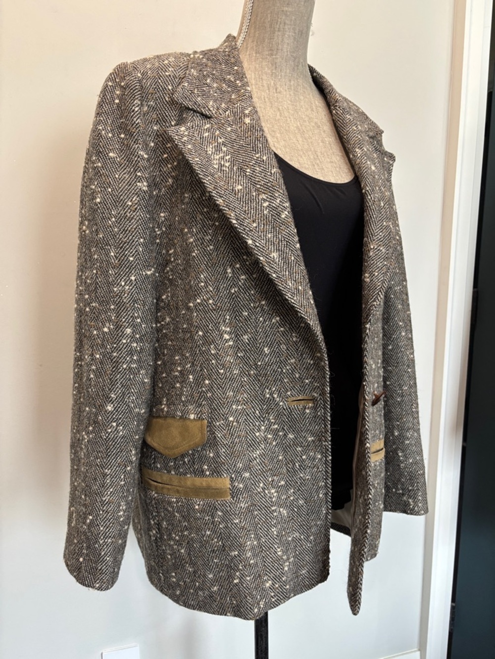 Alan Cherry Herringbone Tweed Blazer Suede Trim Wool Jacket Size 46 - Picture 13 of 15